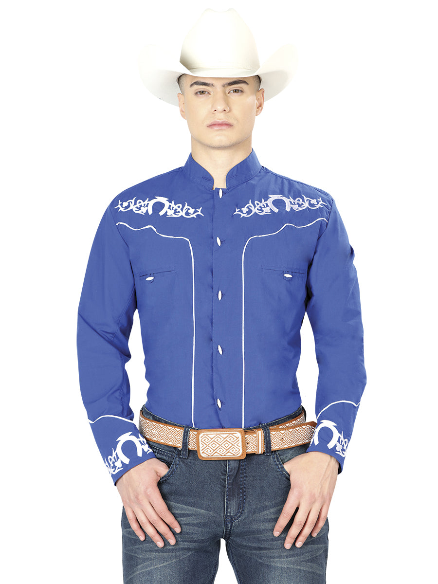 Camisa Vaquera Charra Bordada Manga Larga Azul Rey para Hombre 'El Señor de los Cielos' - ID: 40791 Camisas Charras El Señor de los Cielos