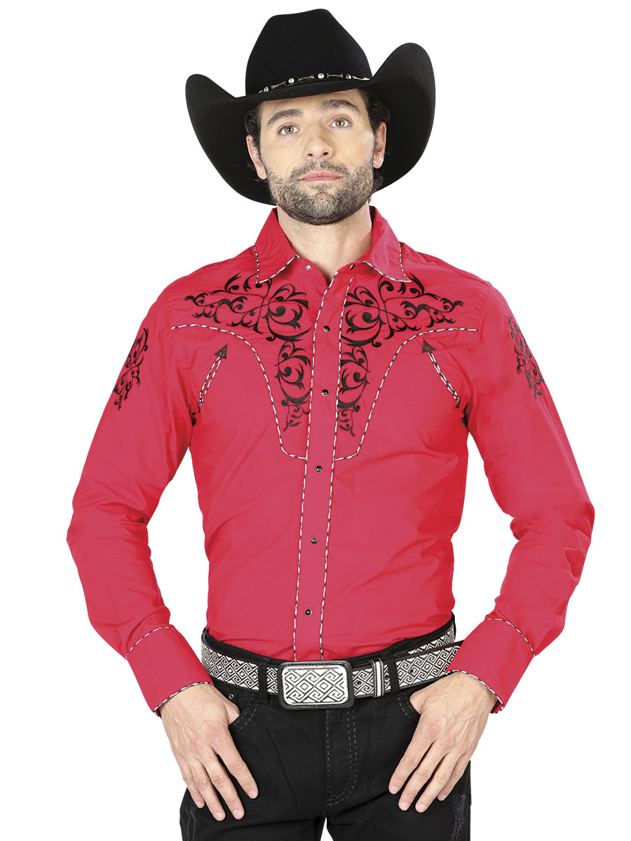 Camisa Vaquera Bordada Manga Larga Rojo para Hombre 'El Señor de los Cielos' - ID: 40992 Camisas Bordadas El Señor de los Cielos