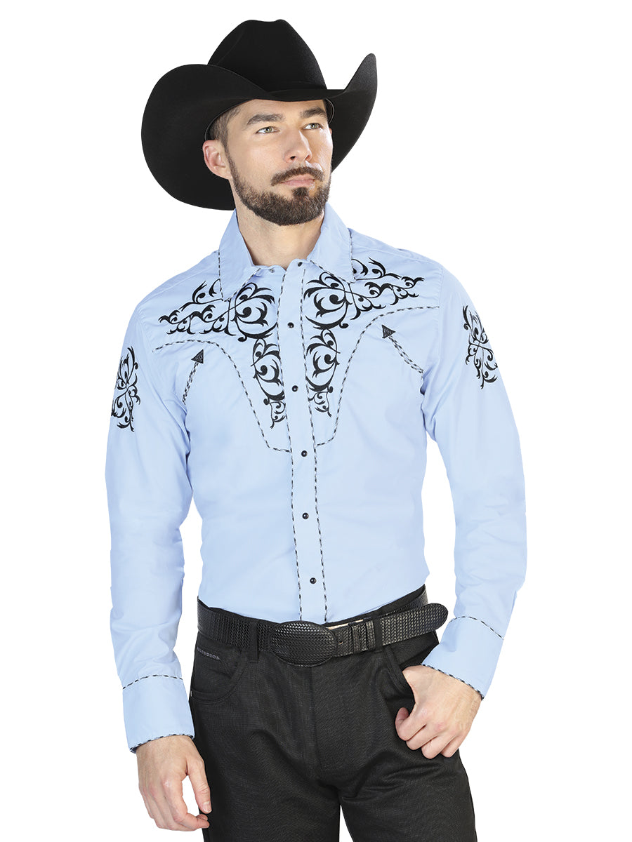 Camisa Vaquera Bordada Manga Larga Azul para Hombre 'El Señor de los Cielos' - ID: 42887 Camisas Bordadas El Señor de los Cielos