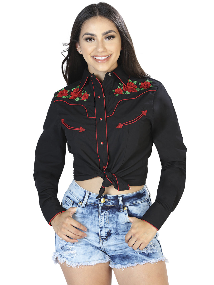 Camisa Vaquera Manga Larga Bordada Floral Negro para Mujer 'El General' - ID: 42961 Camisas Bordadas El General
