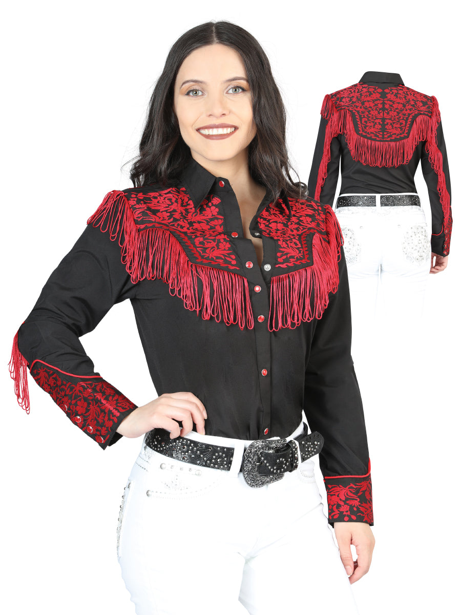 Camisa Vaquera Manga Larga Bordada Negro para Mujer 'El Señor de los Cielos' - ID: 44178 Camisas Bordadas El Señor de los Cielos