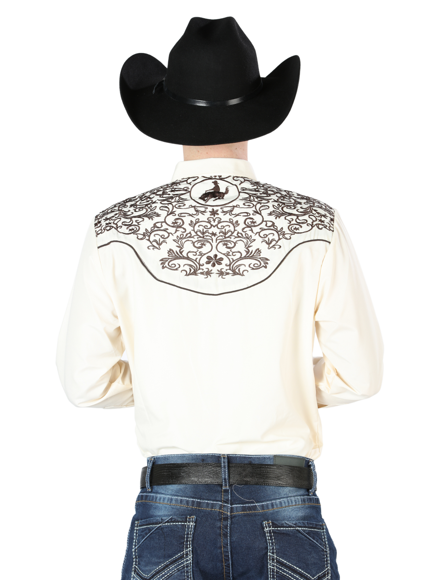 Camisa Vaquera Bordada Manga Larga Beige para Hombre 'El Señor de los Cielos' - ID: 44189 Camisas Bordadas El Señor de los Cielos