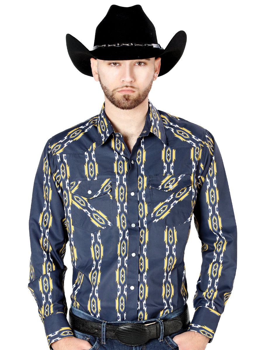 Camisa Vaquera Manga Larga Estampada Azul Marino para Hombre 'El Señor de los Cielos' - ID: 44219 Camisas Estampadas El Señor de los Cielos Navy Blue