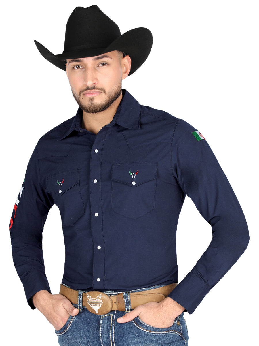 Camisa Vaquera Bordada MΓ©xico Manga Larga Azul Marino para Hombre 'El General' ID: 44286