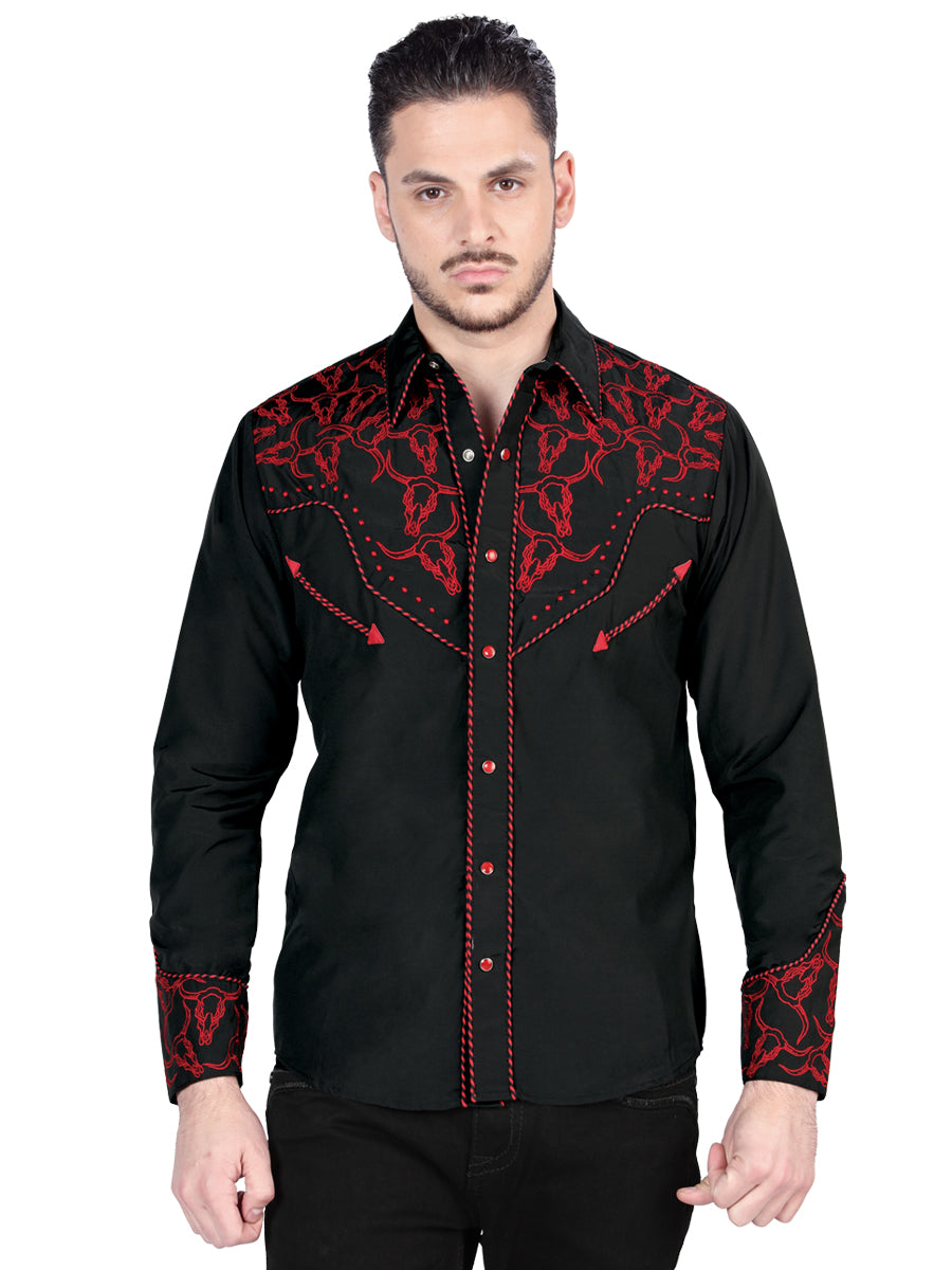Long Sleeve Embroidered Denim Shirt - Western Shirt Black/Red / M/MED Long Sleeve Embroidered Denim Shirt - Western Shirt Black/Red / M/MED