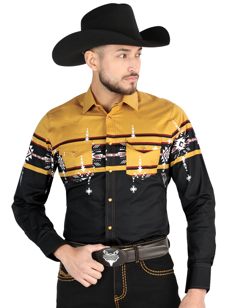 Printed Long Sleeve Denim Shirt Western Shirt BLACK MUSTARD M Med