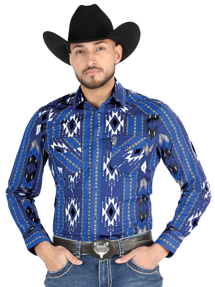 Camisa Vaquera Manga Larga Estampada Azul para Hombre 'El Señor de los Cielos' ID: 44474