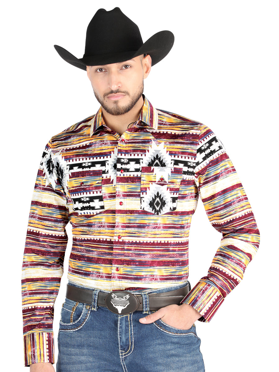 Camisa Vaquera Manga Larga Estampada Cafe para Hombre 'El Señor de los Cielos' ID: 44487