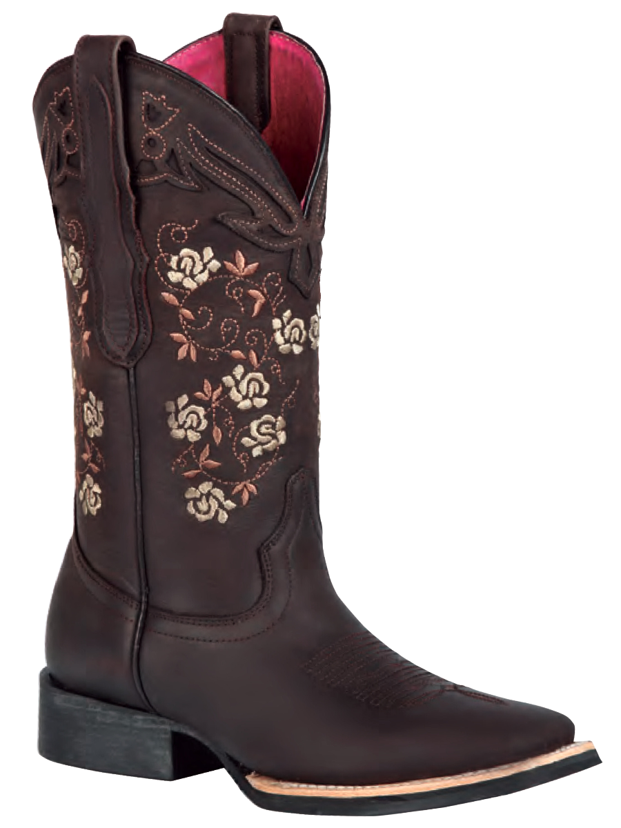 Botas Vaqueras Rodeo con Tubo Bordado de Flores de Piel Genuina para Mujer 'El General' - ID: 44635 Botas Rodeo Piel Genuina El General