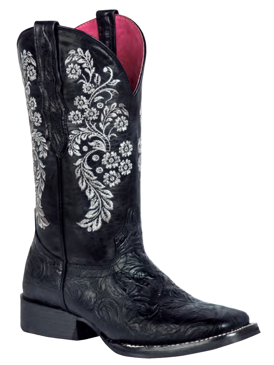 Botas Vaqueras Rodeo con Grabado Floral de Piel Genuina para Mujer 'El General' - ID: 44636 Botas Rodeo Piel Genuina El General