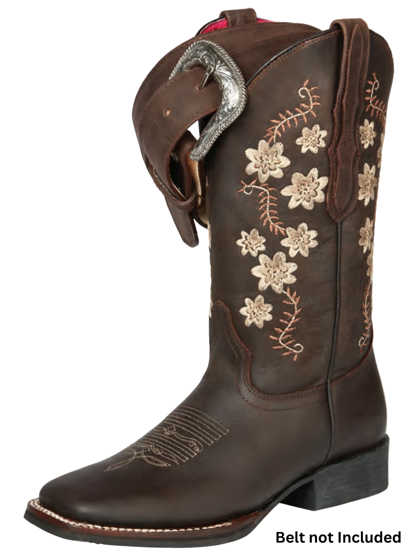 Botas Vaqueras Rodeo con Tubo Bordado de Flores de Piel Genuina para Mujer 'El General' - ID: 44641 Botas Rodeo Piel Genuina El General Cafe