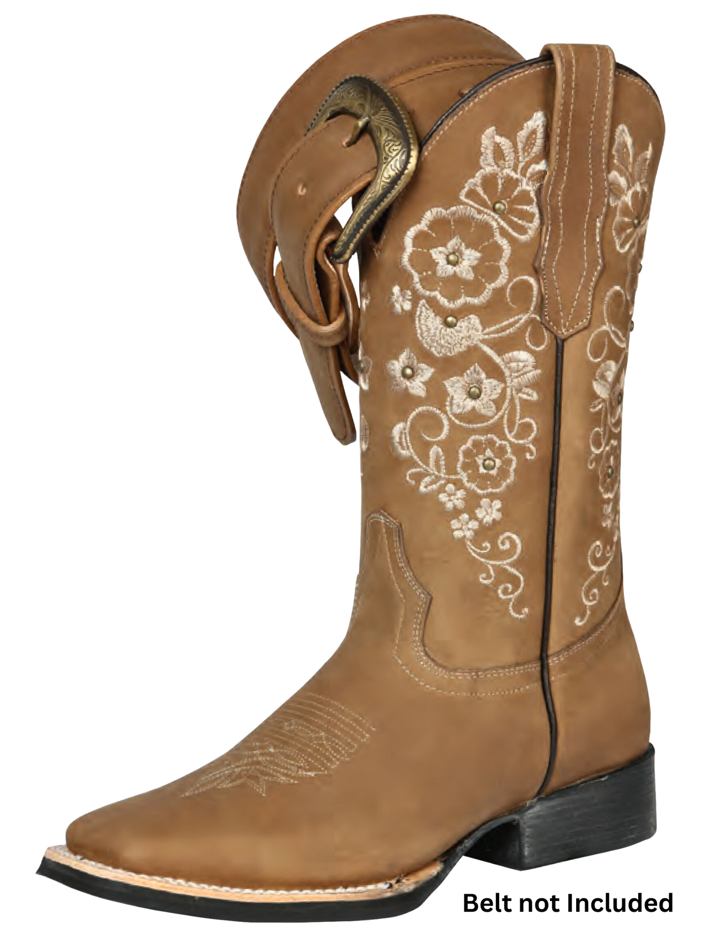 Botas Vaqueras Rodeo con Tubo Bordado de Flores de Piel Genuina para Mujer 'El General' - ID: 44643 Botas Rodeo Piel Genuina El General Tabaco