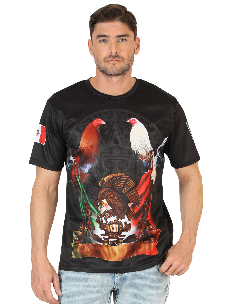 Playera Manga Corta, Bandera Mexico y Gallos Negro para Hombre 'El General' - ID: 45217 Playeras El General Black