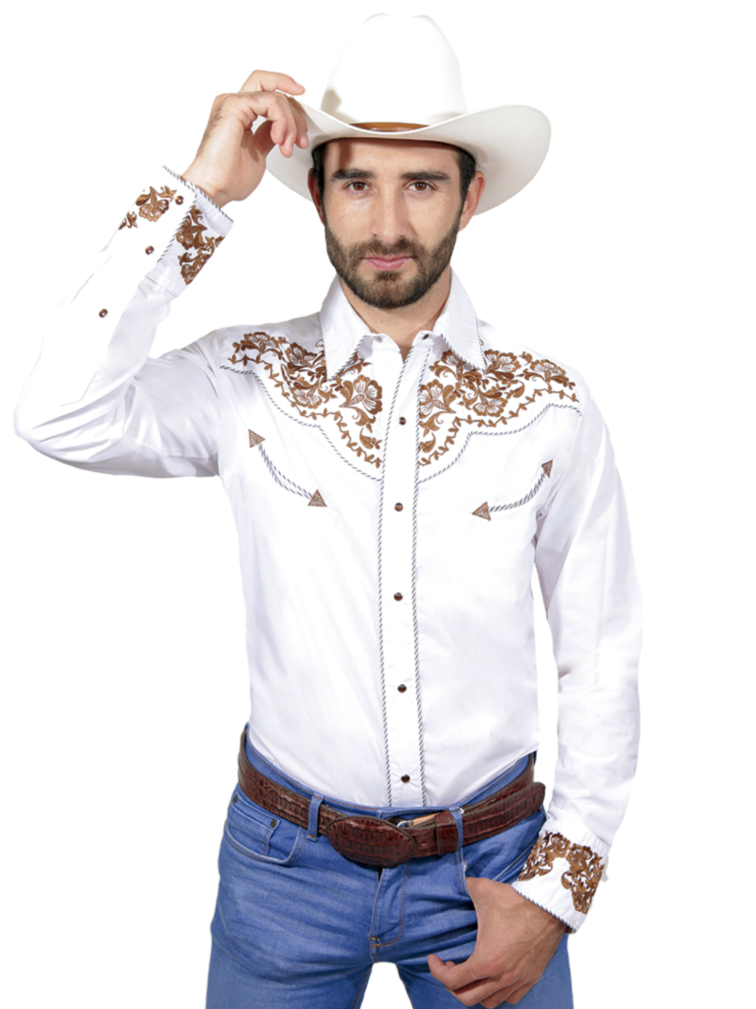 White Long Sleeve Embroidered Denim Shirt for Men The Lord of the Skies ID 125385