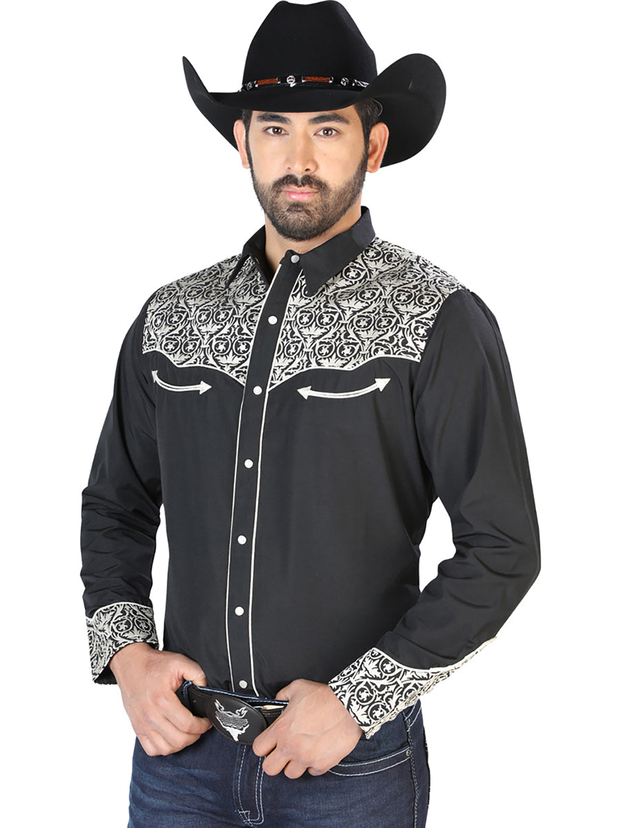 Camisa Vaquera Bordada Manga Larga Negro para Hombre 'El Señor de los Cielos' - ID: 126704 Camisas Bordadas El Señor de los Cielos