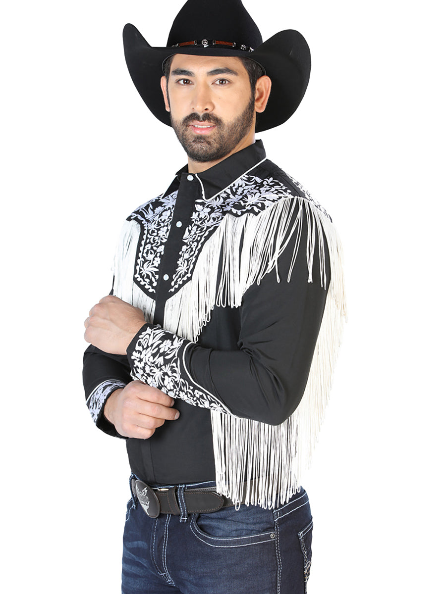 Camisa Vaquera Bordada Manga Larga Negro para Hombre 'El Señor de los Cielos' - ID: 126707 Camisas Bordadas El Señor de los Cielos