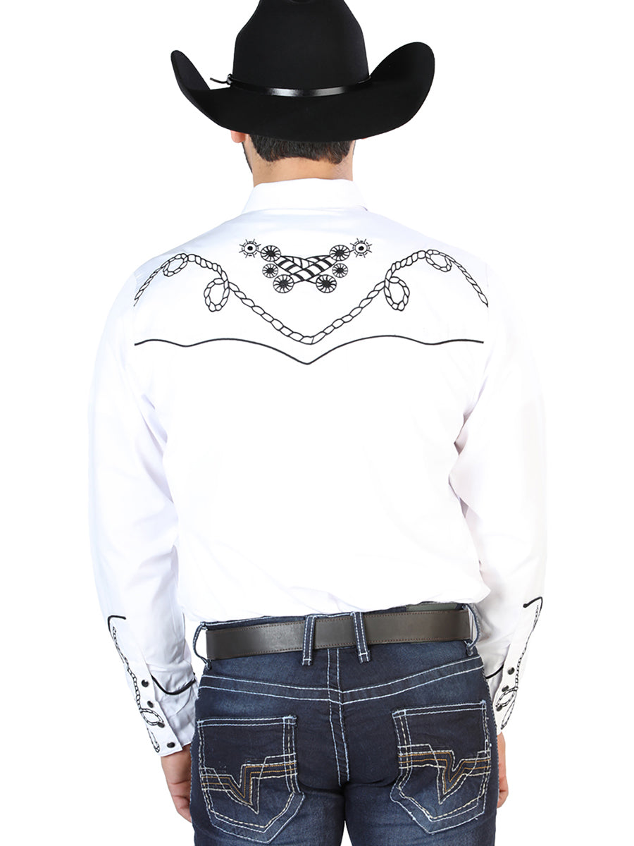 Camisa Vaquera Bordada Manga Larga Blanco para Hombre 'El Señor de los Cielos' - ID: 126718 Camisas Bordadas El Señor de los Cielos