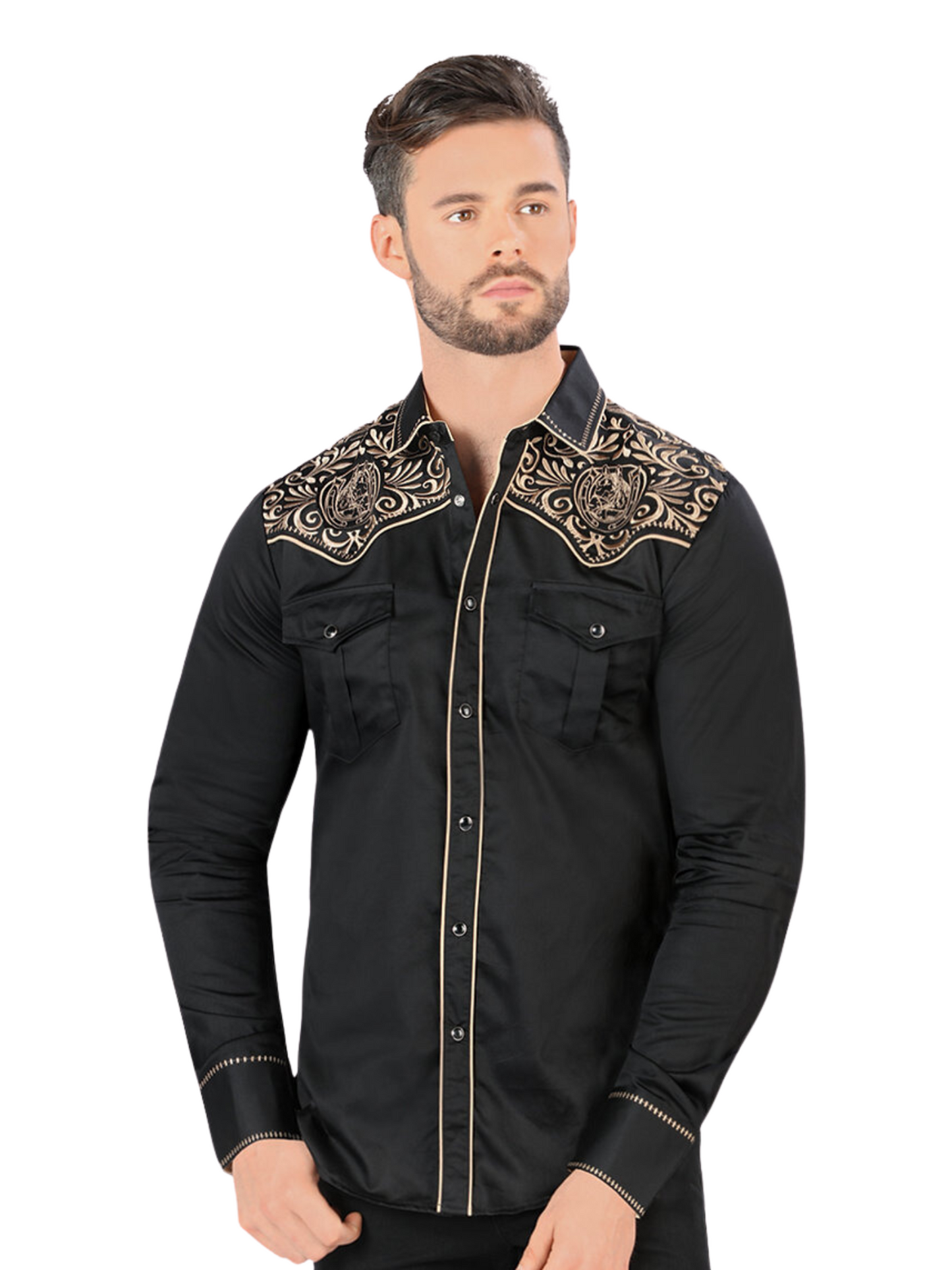Camisa Vaquera Bordada Manga Larga para Hombre 'Montero' - ID: VA3540 Camisas Bordadas Montero Black/Beige