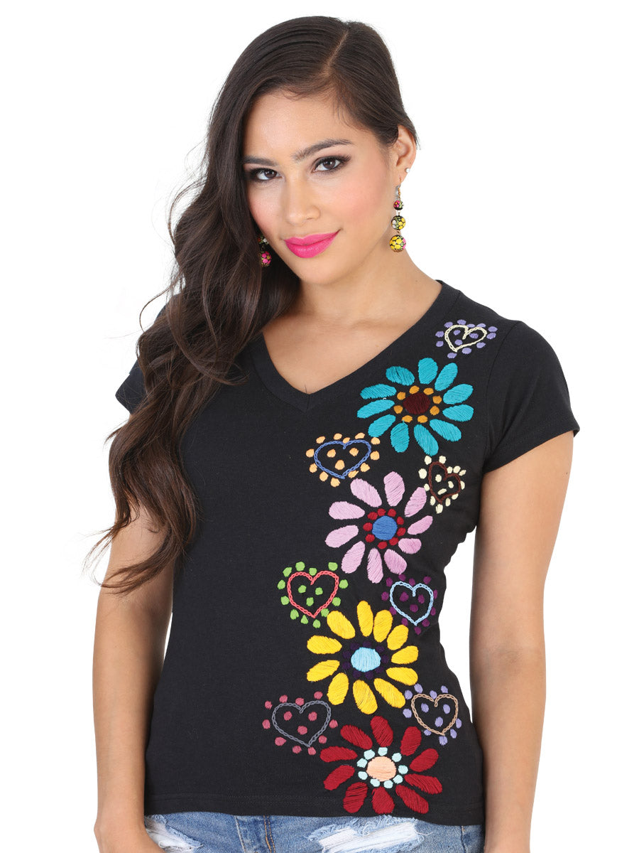 Mexico Artesanal Handmade V Neck T Shirt Embroidered with Flowers Handmade T Shirt Black SM CH M