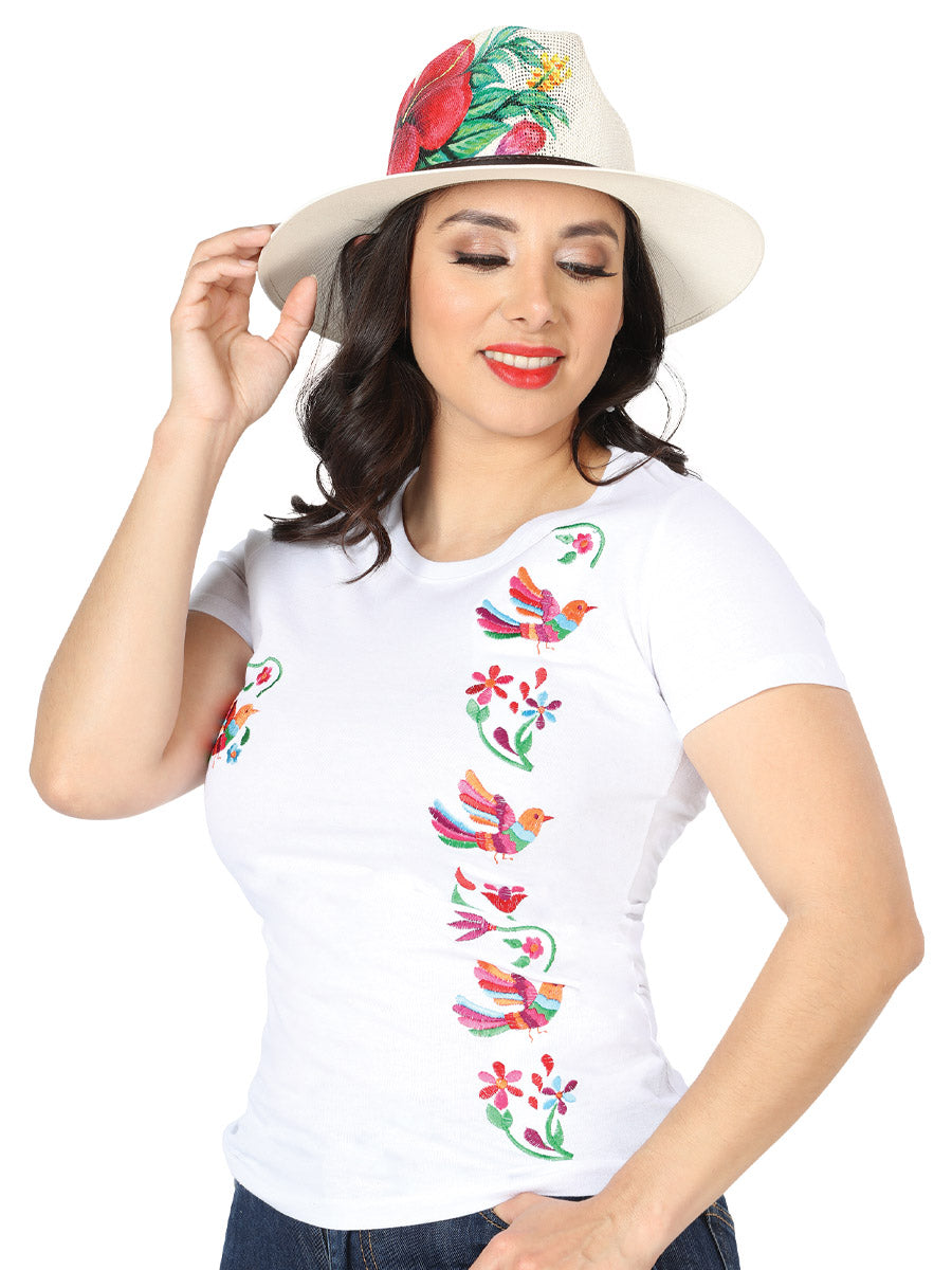 Playera Artesanal Cuello Redondo Bordada Pajaros y Flores para Mujer