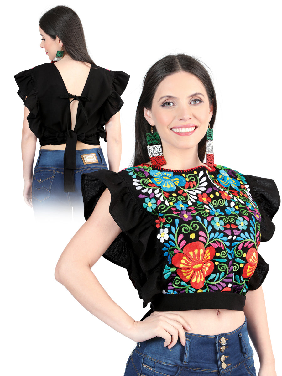 Handmade Crop Top with Ruffle Sleeves Embroidered with Flowers