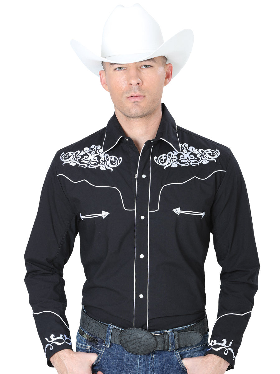 Camisa Vaquera Bordada Manga Larga Negro para Hombre 'El General' ID: 40987