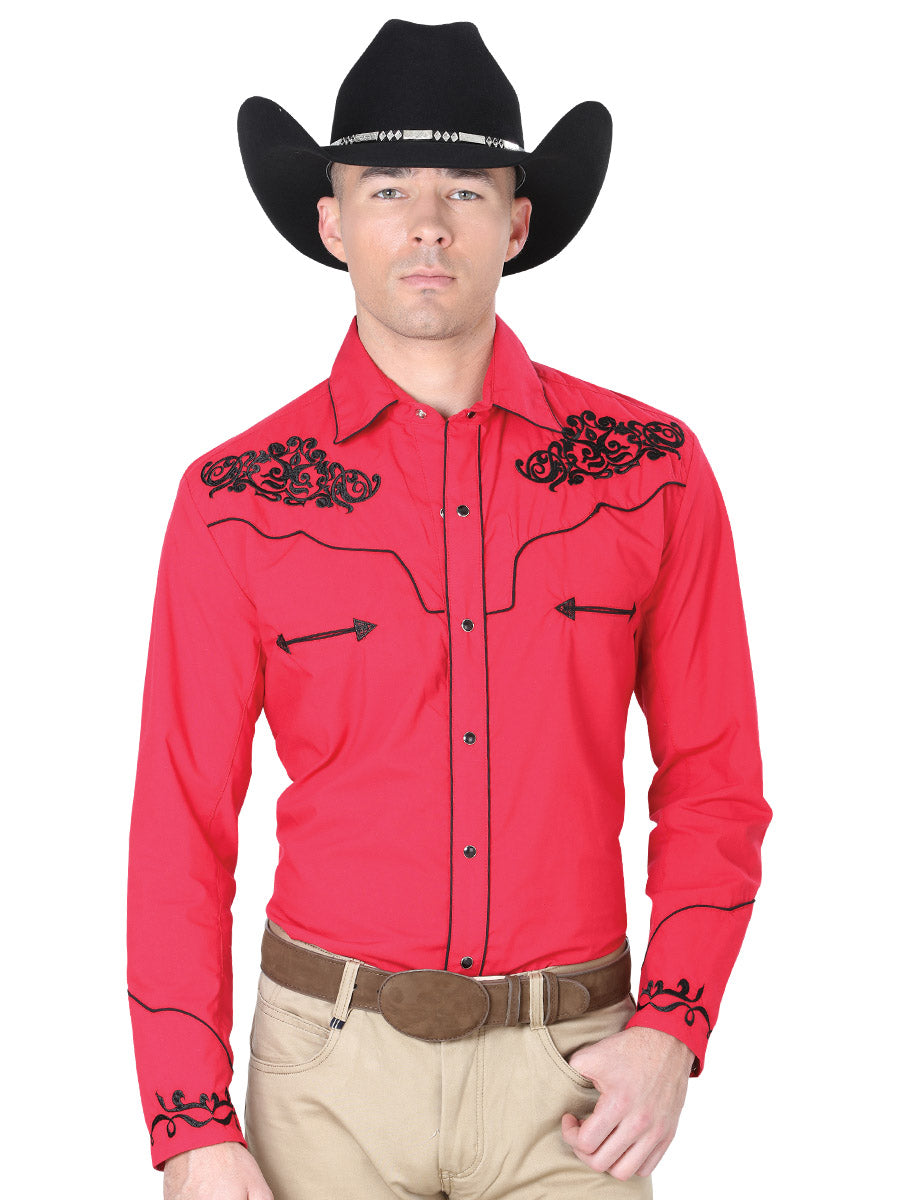 Camisa Vaquera Bordada Manga Larga Rojo para Hombre 'El General' - ID: 40989 Camisas Bordadas El General