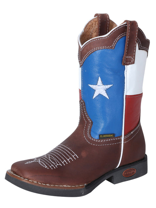 Kids - Botas Vaqueras Rodeo Clasicas con Tubo Bandera de Texas de Piel Genuina para Niños 'El General' - ID: 41954 Cowboy Boots El General Cafe