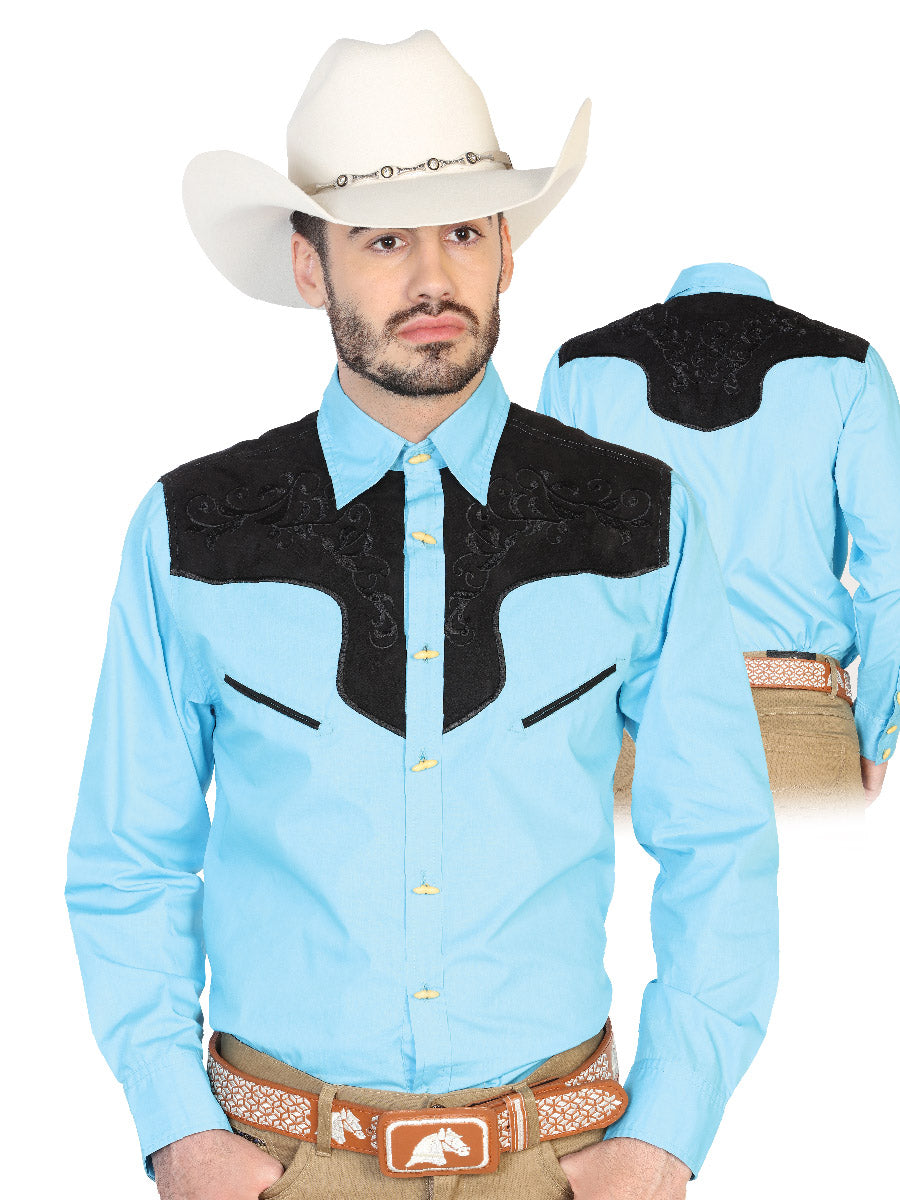 Camisa Vaquera Charra Bordada Manga Larga Azul Claro para Hombre 'El Señor de los Cielos' - ID: 42579 Camisas Charras El Señor de los Cielos Ligth Blue