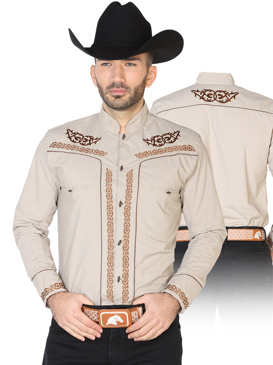 Camisa Vaquera Charra Bordada Manga Larga Caqui para Hombre 'El Señor de los Cielos' - ID: 42877 Camisas Charras El Señor de los Cielos