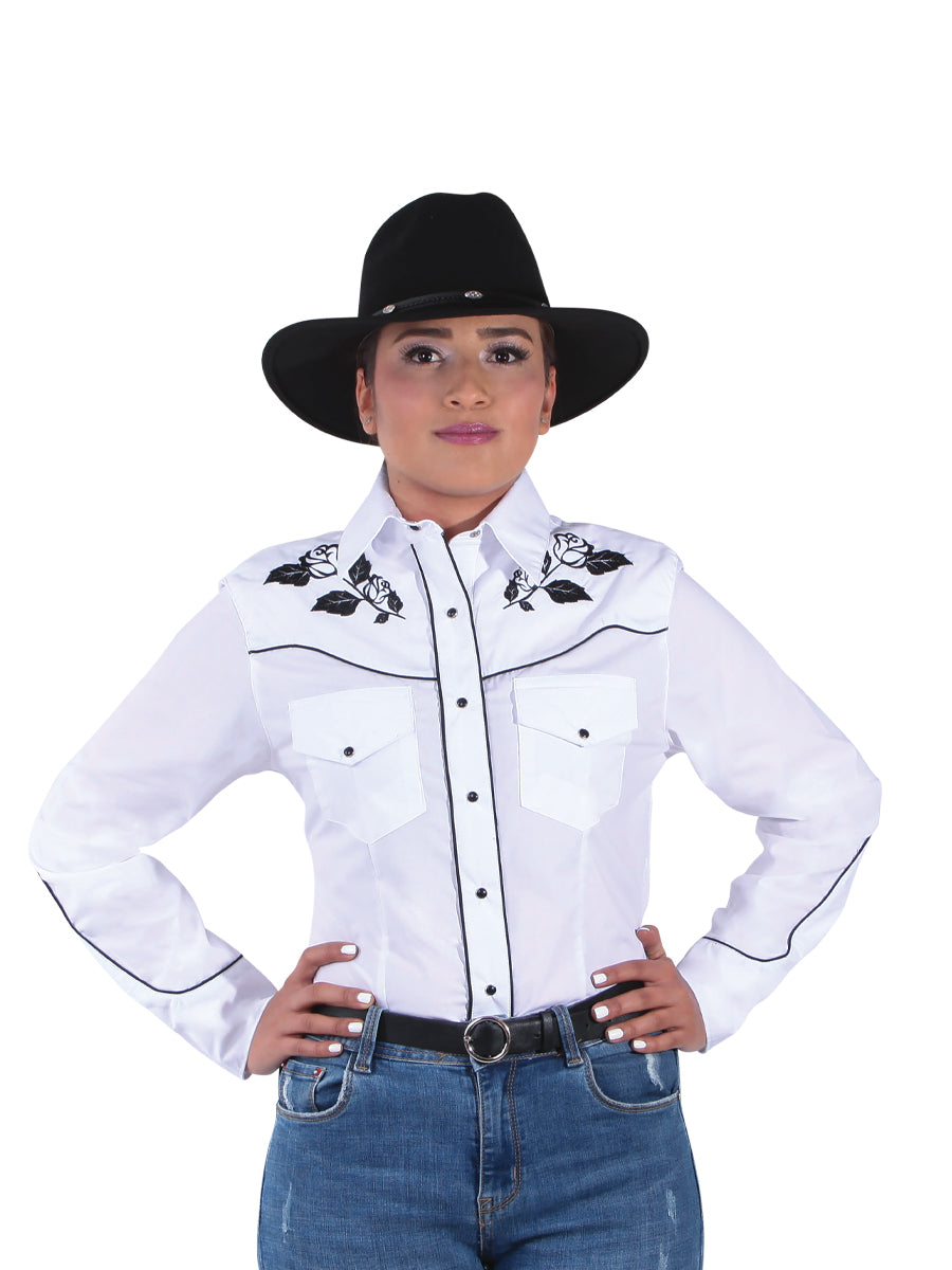 Camisa Vaquera Manga Larga Bordada Floral Blanco para Mujer 'El General' - ID: 42970 Camisas Bordadas El General