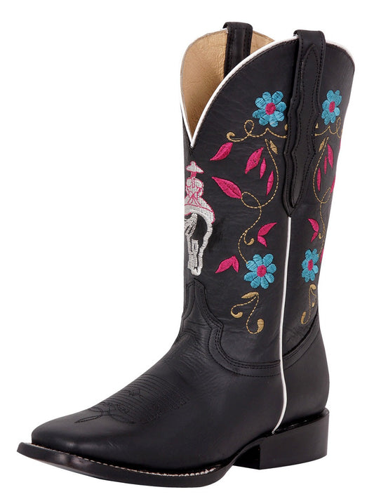 Botas Vaqueras Rodeo con Tubo Bordado de Flores de Piel Genuina para Mujer 'El General' - ID: 42976 Cowgirl Boots El General Negro