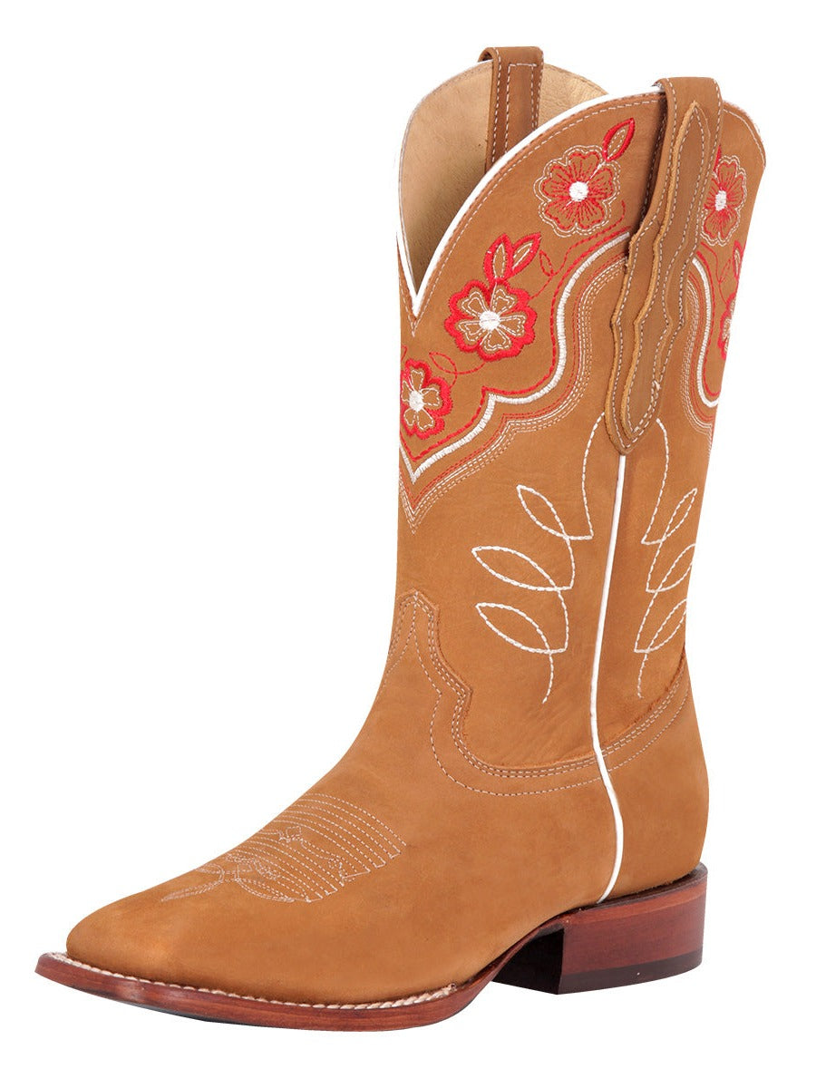 Botas Vaqueras Rodeo con Tubo Bordado de Flores de Piel Nobuck para Mujer 'El General' - ID: 42979 Botas Rodeo Piel Nobuck El General