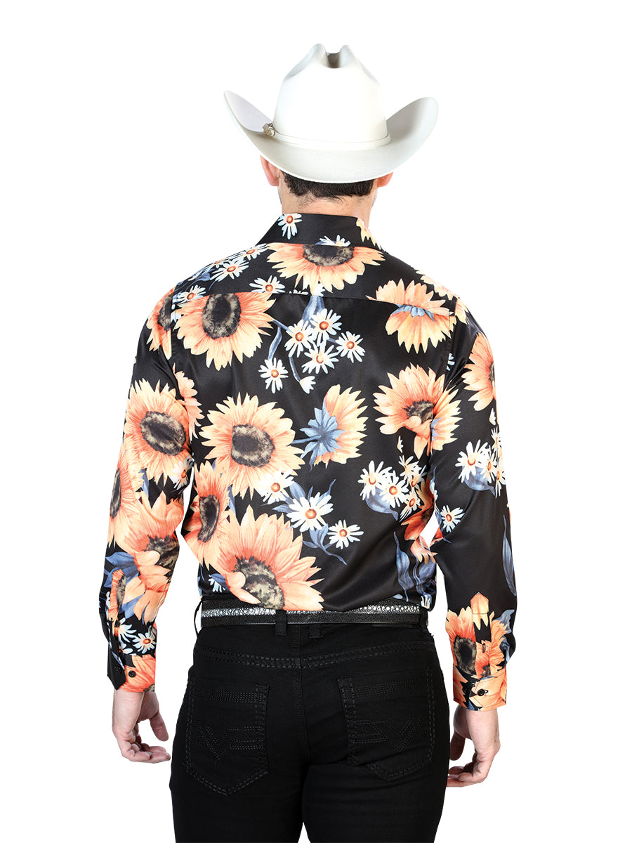 Camisa Vaquera Manga Larga Estampada Floral Negro/Girasoles para Hombre 'El Señor de los Cielos' - ID: 43671 Camisas Florales El Señor de los Cielos
