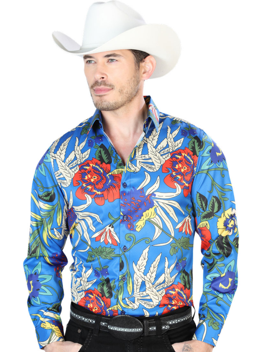 King Blue Floral Printed Long Sleeve Denim Shirt for Men 'The Lord of the Skies' ID: 43677