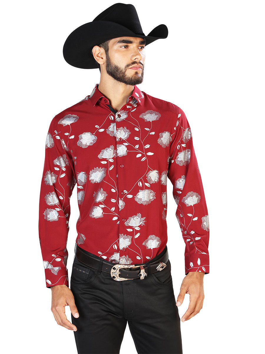 Red Floral Print Long Sleeve Denim Shirt for Men 'The Lord of the Skies' -  ID: 43778