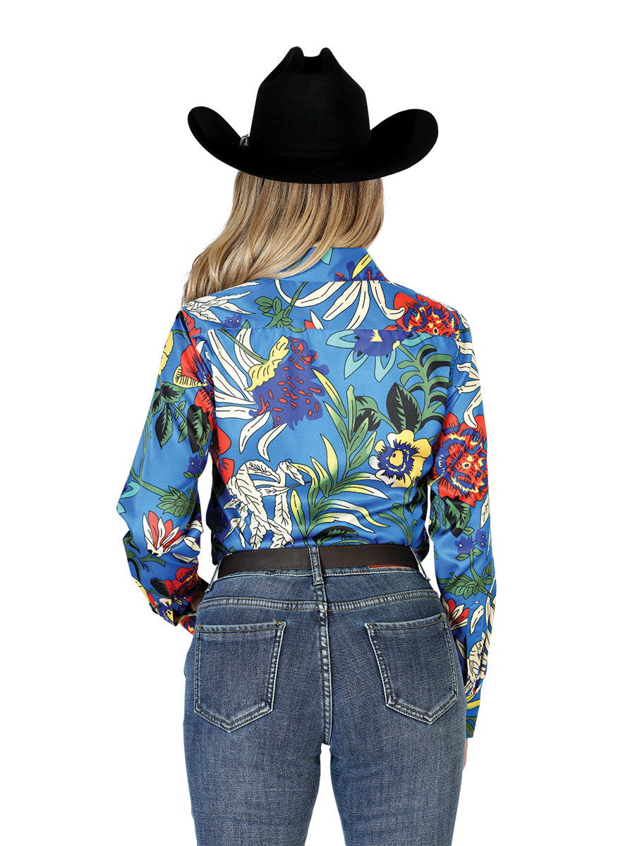 Camisa Vaquera Manga Larga Estampada Floral Azul Rey para Mujer 'El Señor de los Cielos' - ID: 43895 Camisas Florales El Señor de los Cielos