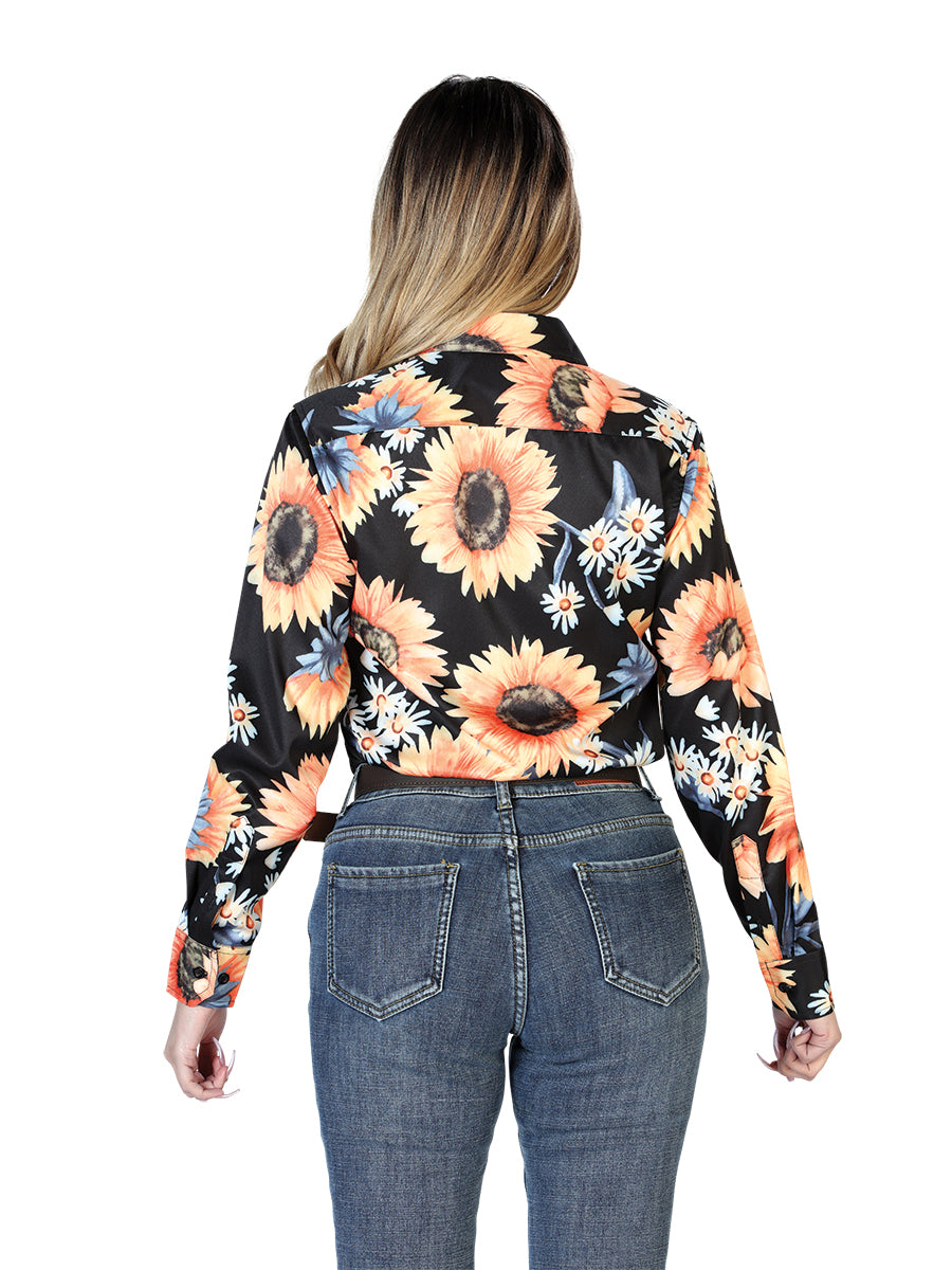 Camisa Vaquera Manga Larga Estampada Negro/Girasoles para Mujer 'El Señor de los Cielos' - ID: 43900 Camisas Florales El Señor de los Cielos