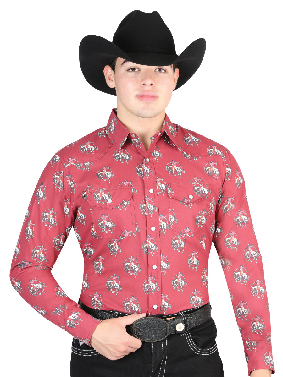 Camisa Vaquera Manga Larga de Broches Estampada Rojo para Hombre 'El General' - ID: 44306 Camisas Estampadas El General Red
