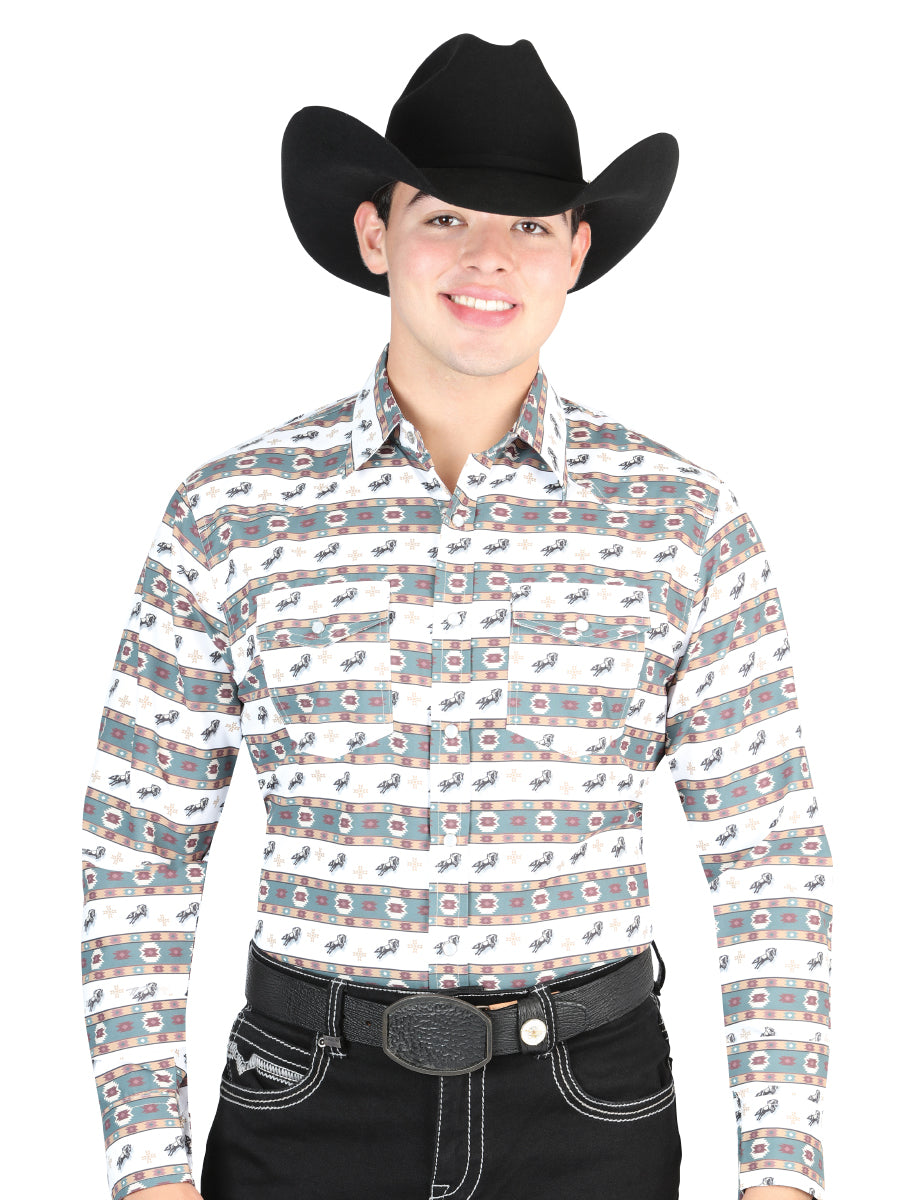 White Green Printed Long Sleeve Denim Shirt with Brooches for Men El General ID 44322