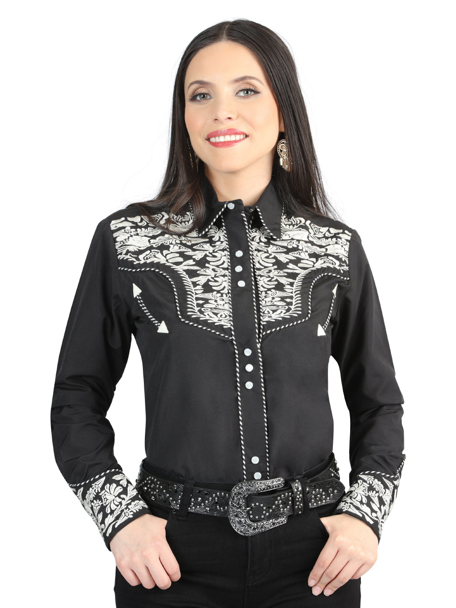 Camisa Vaquera Bordada Manga Larga Negro/Plata para Mujer 'El General' - ID: 44342 Camisas Bordadas El General Black/Silver