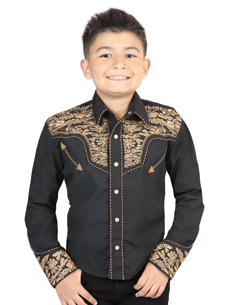 Embroidered Long Sleeve Black/Gold Denim Shirt for Children 'El General' ID: 44346