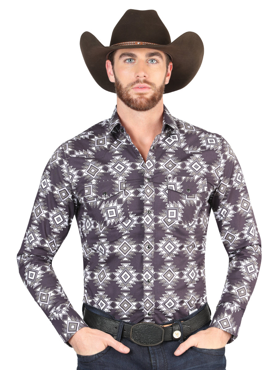 Camisa Vaquera Manga Larga de Broches Estampada Azul Oscuro para Hombre 'El Señor de los Cielos' ID: 44403