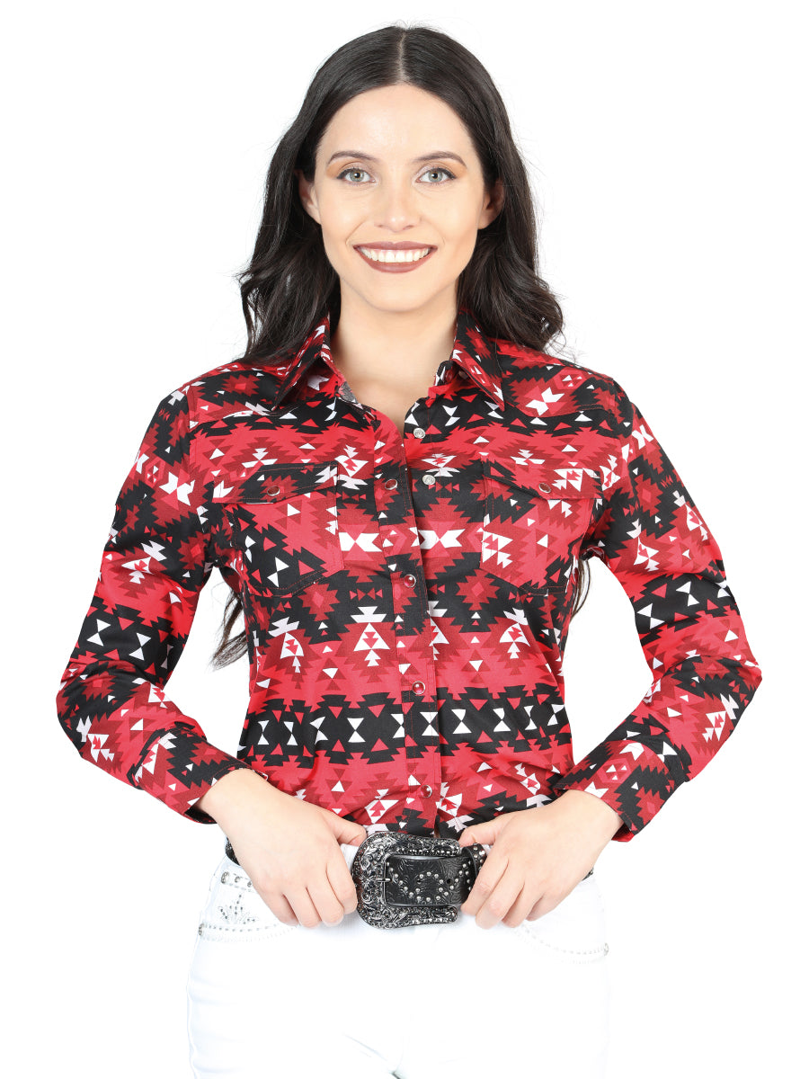 Red Printed Long Sleeve Denim Shirt for Women The Lord of the Skies ID 44408