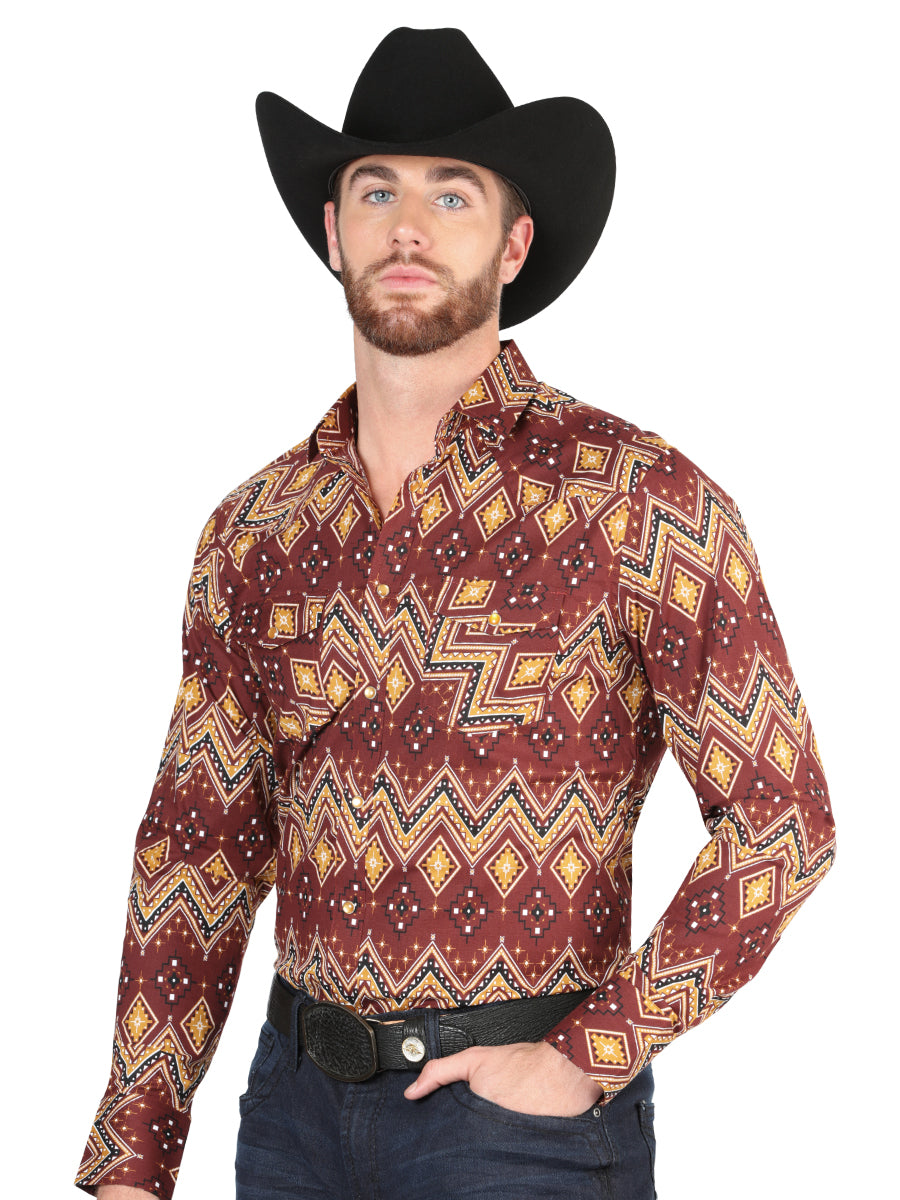 Camisa Vaquera Manga Larga de Broches Estampada Burgandy para Hombre 'El Señor de los Cielos' - ID: 44430 Camisas Estampadas El Señor de los Cielos Burgandy