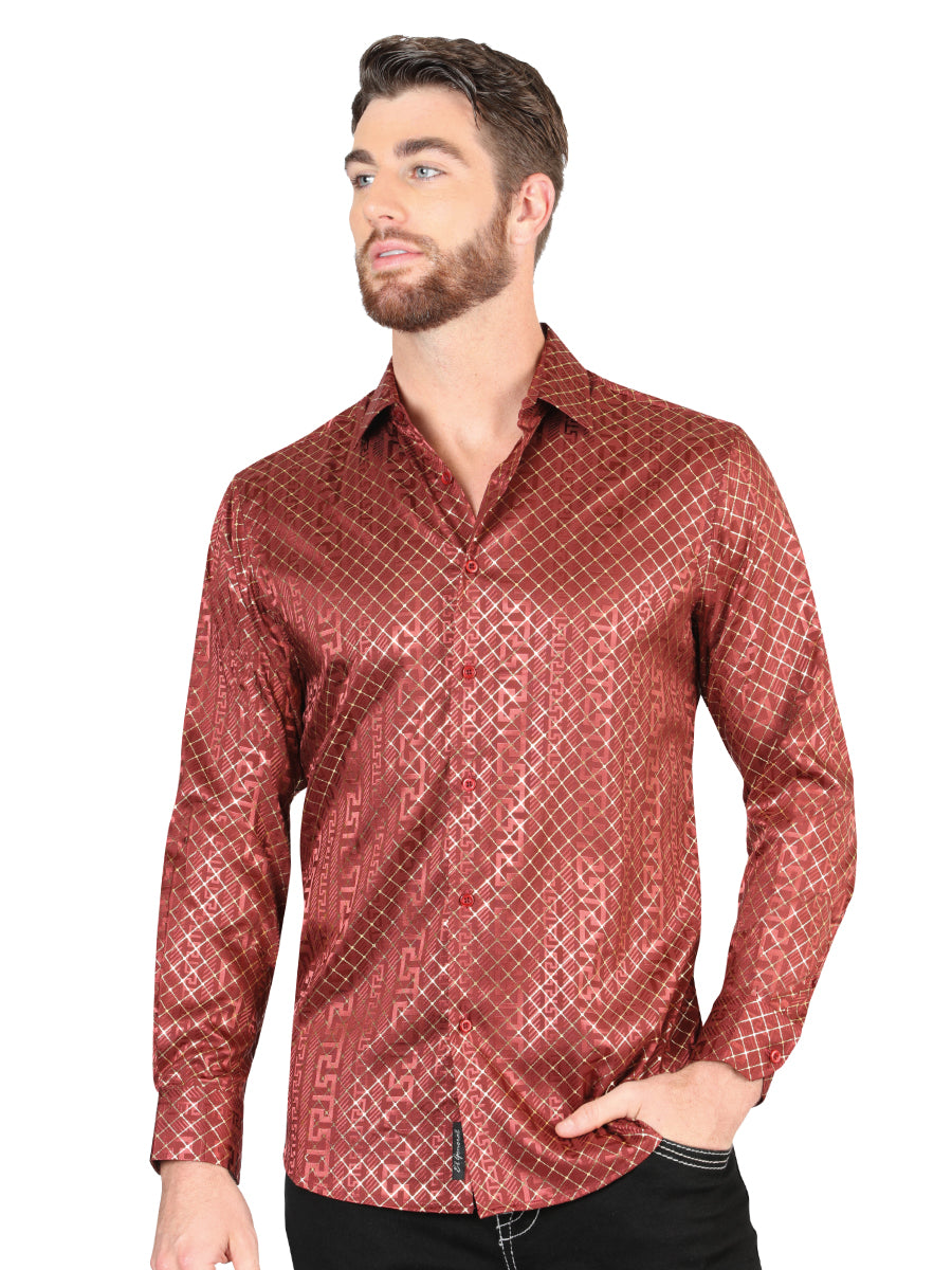 Camisa Casual Manga Larga Estampada Burgandy para Hombre 'El Señor de los Cielos' - ID: 44552 Camisas Estampadas El Señor de los Cielos Burgandy