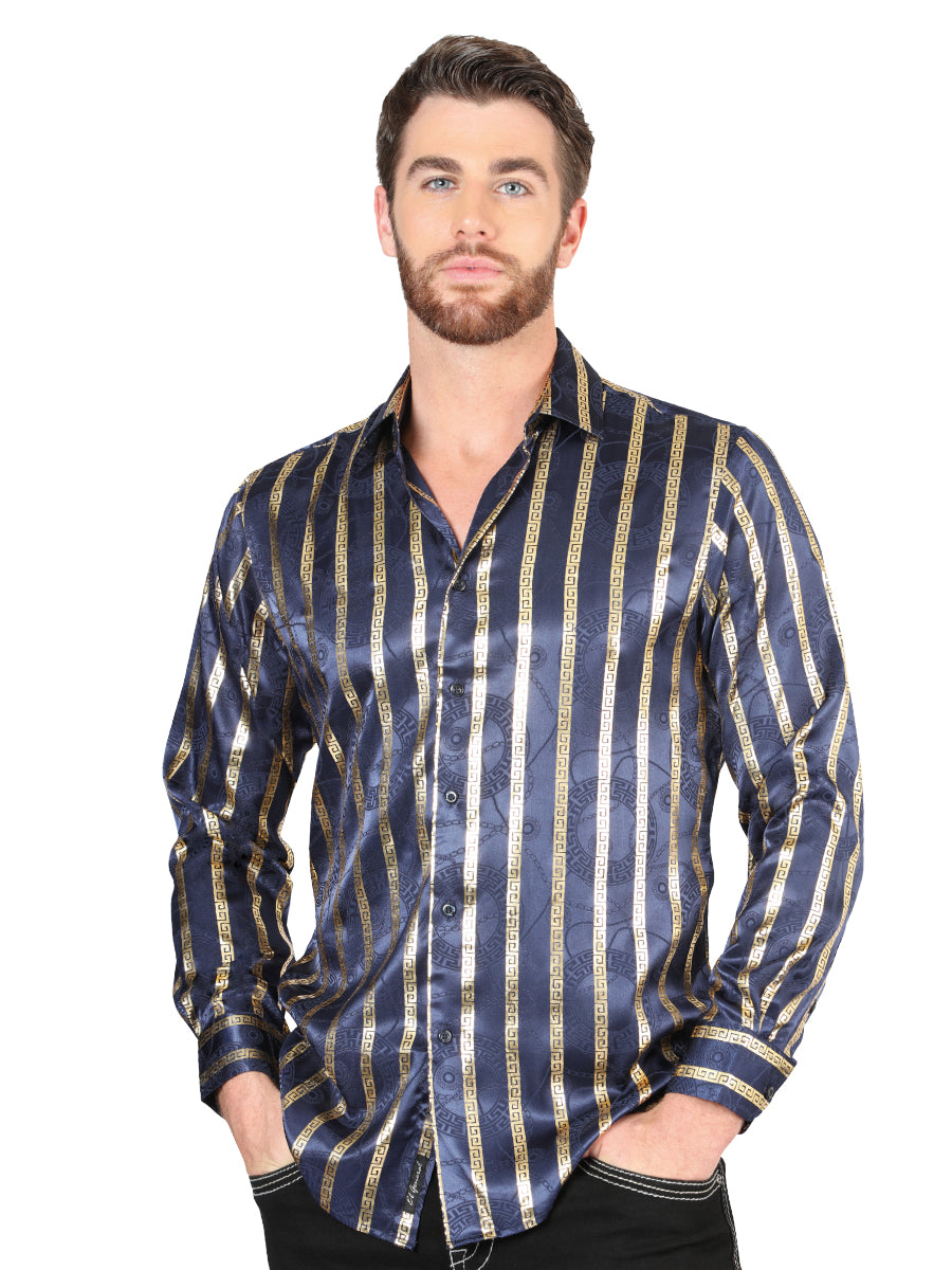 Camisa Casual Manga Larga Estampada Marino/Oro para Hombre 'El Señor de los Cielos' - ID: 44553 Camisas Estampadas El Señor de los Cielos Navy/Gold
