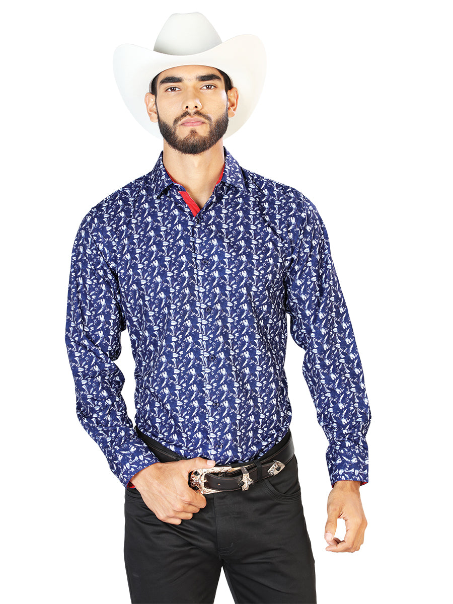 Camisa Vaquera Manga Larga Estampada Azul para Hombre 'El Señor de los Cielos' - ID: 126261 Camisas Estampadas El Señor de los Cielos