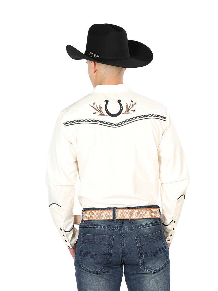 Camisa Vaquera Bordada Manga Larga Beige para Hombre 'El Señor de los Cielos' - ID: 43295 Camisas Bordadas El Señor de los Cielos