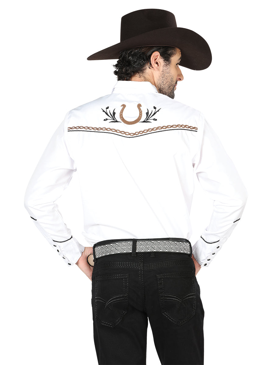 Camisa Vaquera Bordada Manga Larga Blanco para Hombre 'El Señor de los Cielos' - ID: 43296 Camisas Bordadas El Señor de los Cielos